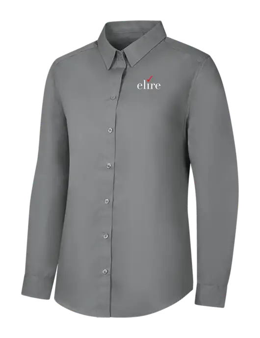 Womens Medium Grey Long Sleeve Carefree Poplin Shirt w/Elire Logo