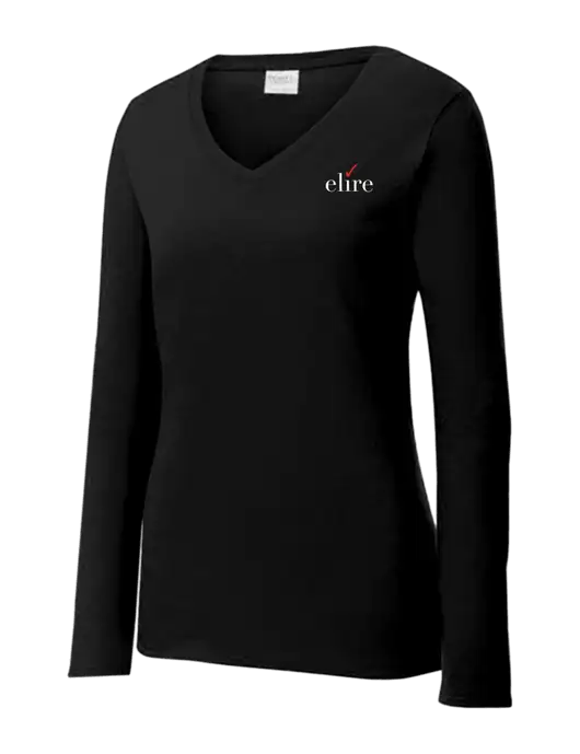 Womens V-Neck Ring Spun Jet Black 4.5 oz Long Sleeve T-Shirt w/Elire Logo