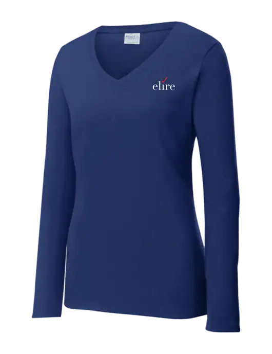 Womens  V-Neck Ring Spun Navy 4.5 oz Long Sleeve T-Shirt w/Elire Logo