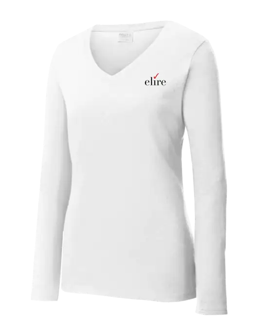 Womens  V-Neck Ring Spun White 4.5 oz Long Sleeve T-Shirt w/Elire Logo