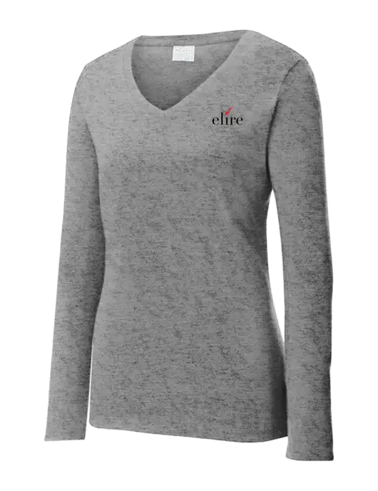 Womens  V-Neck Ring Spun Grey Heather 4.5 oz Long Sleeve T-Shirt w/Elire Logo