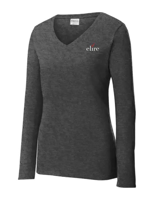 Womens  V-Neck Ring Spun Dark Heather Grey 4.5 oz Long Sleeve T-Shirt w/Elire Logo