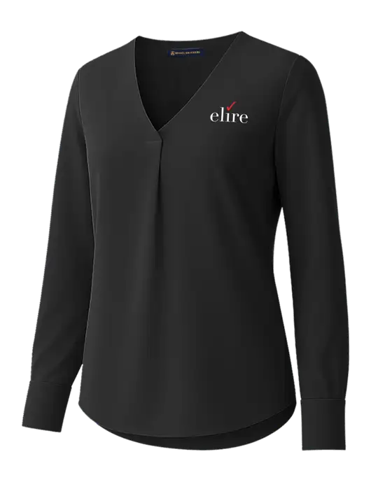 Brooks Brothers Womens Black Open-Neck Satin Blouse  w/Elire Logo