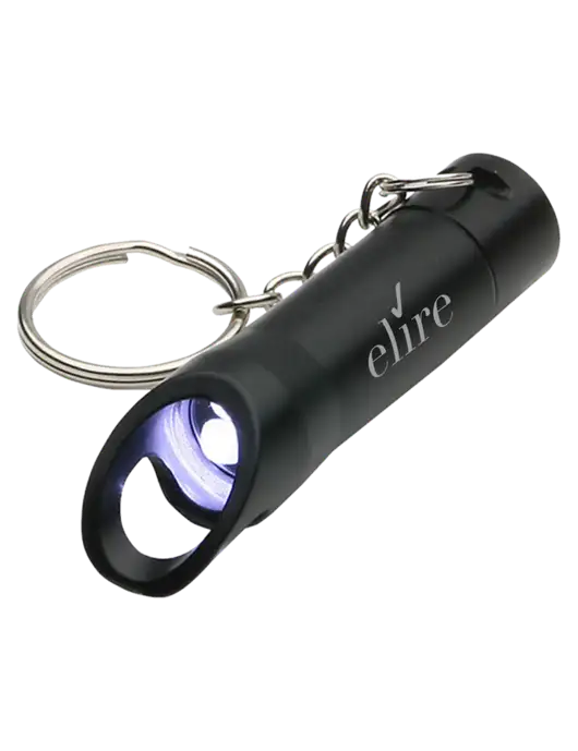 Black Pocket LED Flashlight with Bottle Opener & Keychain w/Elire Logo